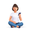 Young smiling woman sitting cross legged and holding smartphone. .3d vector people character illustration. Cartoon minimal style.