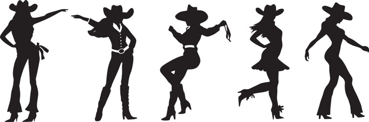 Silhouette of beautiful cowgirl girl dancing at the country music festival. Beautiful slender women in cowboy hat