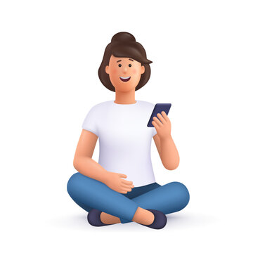 Wall Mural - Young smiling woman sitting cross legged and holding smartphone. .3d vector people character illustration. Cartoon minimal style.