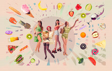 Beautiful Young Girls In Stylish Clohtes And Hairstyles Posing Around Healthy And Junk Food. Contemporary Art Collage. Concept Of Retro Fashion, Beauty, 50s, 60s. Pin-up Style