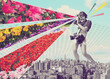 © master1305 - Stylish young girl, nature photographer taking photos of beautiful multicolored flowers. Springtime tourism. Contemporary art collage. Travell and architecture concept. Colorful design for postcard