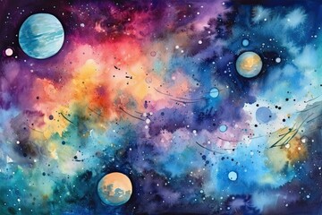 Sticker - cosmic landscape with planets and stars. Generative AI