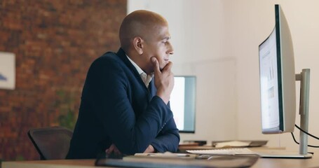 Thinking, business man and typing on computer at night, planning research and analysis in office. Focused entrepreneur working on desktop technology, website solution and decision of trading ideas