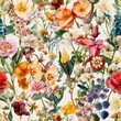 Seamless floral background with various flower types, vintage botany books style, AI generative
