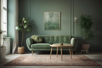 Wall Mural - Green and beige minimalist living room with carpeted floor, wallpaper, and fabric couch. Beautiful vintage decor,. Generative AI