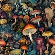 Seamless floral background with various mushroom types, vintage botany books style illustration on dark background, AI generative
