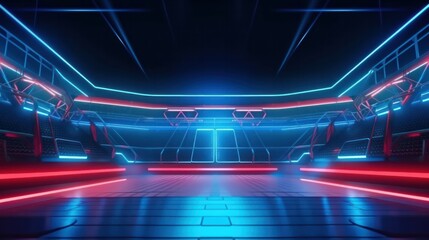 Empty red and blue neon light stadium background for E-sport game battle. Generative AI.