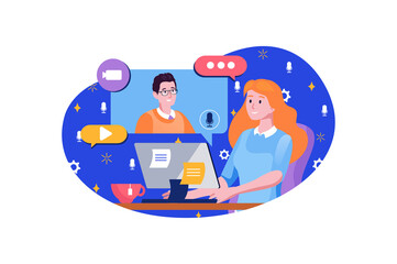Wall Mural - video conference blue concept with people scene in the flat cartoon design. manager decided to commu