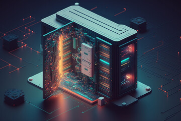 Server room 3d illustration with node base programming data design element. Concept of big data storage and cloud computing technology. Generative AI