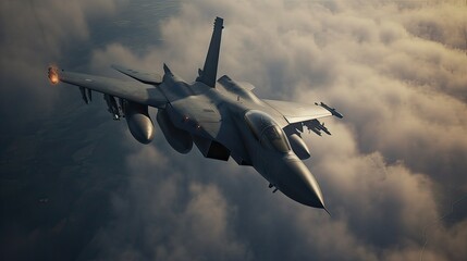 Sticker - the aerial high view of a Fighting jet. top view fighting jet in a very close view. Generative Ai.