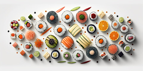 Poster - Japanese sushi food. Maki ands rolls with tuna, salmon, shrimp, crab and avocado. Top view of assorted sushi, all you can eat menu. Rainbow sushi roll, uramaki, hosomaki and nigiri - Generative AI