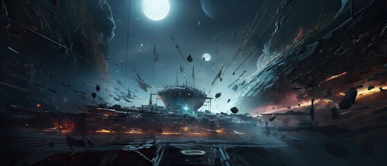 Wall Mural - astronauts with spaceship exploring an asteroid in space 3d. generative ai.