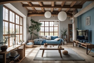 Poster - White and blue japandi living room. Fabric couch, beams ceiling, window, and decors. Farmhouse decor,. Generative AI