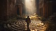 A traveler wandering through a mysterious, winding maze of ancient ruins, feeling a sense of adventure and discovery Generative AI