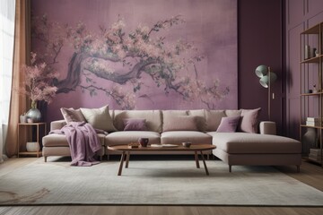 Wall Mural - Beautiful purple and beige living room with wallpaper, carpet, and fabric couch. Classic Japanese interiors. Generative AI