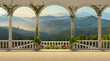 Panoramic view from the terrace over the mountain range and dense forest. Terrace with columns and balustrade on a sunny morning.
