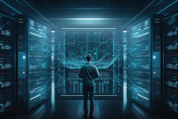 Engineer manager connecting data center on global networking in server room of storage systems and connect of data on internet network business.  Examining components, telecommunications, storage, etc