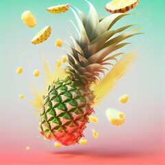 Wall Mural - Background of a flying juicy pineapple, created with generative ai