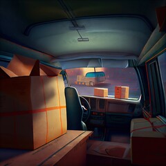 Canvas Print - Boxes with parcels are in the cab of a small van, a view from the inside, created with generative ai