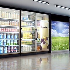 Wall Mural - Dairy products standing in a large refrigerator with glass doors standing inside the store, created with generative ai