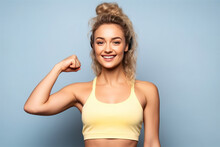 Young Beautiful Blond Girl In Sports Clothing Flexing Her Biceps. Generative AI Illustration