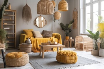 Canvas Print - Gray couch, wooden cube, commode, cushion, macrame, yellow pouf, rattan lamp, basket, plants, and stylish decorations in living room. Elegant house décor. Generative AI