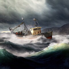 Wall Mural - Fishing trawler in a storm on the waves, created with generative ai