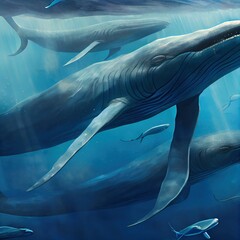 Wall Mural - Huge blue whales swim in the sea, created with generative ai