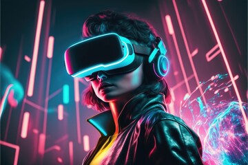 Wall Mural - A young man in VR glasses playing video games with virtual reality headset. Concept of gaming in cyberpunk lifestyles. Finest generative AI.