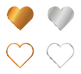 Wall Mural - vector set of 3d metallic hearts, gold and silver hearts with and without fill on white background