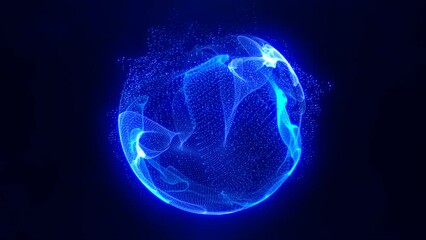 Wall Mural - abstract blue looped energy sphere of particles and waves of magical glowing on a dark background, v