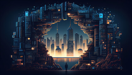 Wall Mural - Technology city digit data connect illustration