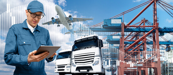 Poster - Manager with a digital tablet on a background of a ship loaded with containers in the seaport, airplane and trucks. International trade and logistics concept	