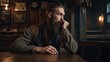 © Tuyres - Fictional white nordic man with a nice beard and undercut hairstyle in a bar. Hipster in a pub. Generative AI illustration.