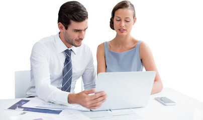 Business people brainstorming over laptop while sitting against white background