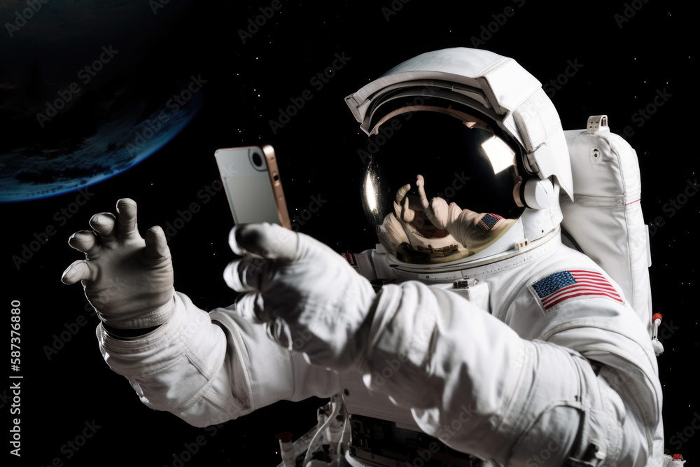 Astronaut using smartphone in outer space, generative ai Stock ...