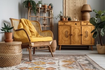 Poster - Boho chic living room with rattan chest of drawers and rocking chair on white and yellow jute carpet. Bohemian farmhouse decor,. Generative AI