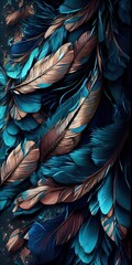 Wall Mural - Feathers texture bright vertical abstract background. Creative feather pattern. AI generated artistic vertical template for design. Collage print with decorative feather texture, modern art.