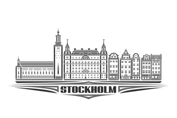 Wall Mural - Vector illustration of Stockholm, monochrome horizontal card with linear design stockholm city scape, european urban line art concept with decorative lettering for text stockholm on white background