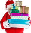 Santa Claus hiding behind Christmas presents