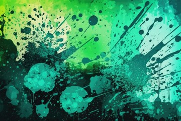 Poster - vibrant floral painting with green and blue flowers set against a dark black background. Generative AI