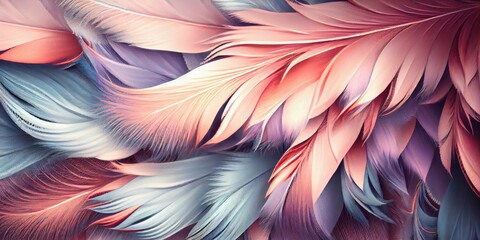 Wall Mural - Feathers texture pastel horizontal abstract background. Creative feather pattern. AI generated artistic horizontal template for design. Collage print with decorative feather texture, modern art.