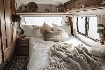 Wall Mural - Motorhome bedroom. Pillows, blanket, tray, and bed. Lightbulb decorated boho camper vehicle with white furnishings. Generative AI