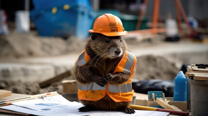 diligent beaver, dressed in a construction worker's outfit, examining a blueprint and building site (created with Generative AI)