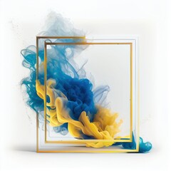 Wall Mural - Blue and yellow swirling smoke square frame isolated on white background. Blue and yellow color abstract smooth flowing vapour. Ai generated square frame design.