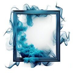 Wall Mural - Blue swirling smoke square frame isolated on white background. Blue color abstract smooth flowing vapour. Ai generated square frame design.