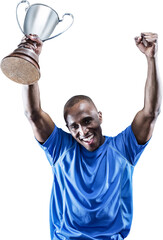 Poster - Portrait of happy sportsman cheering while holding trophy