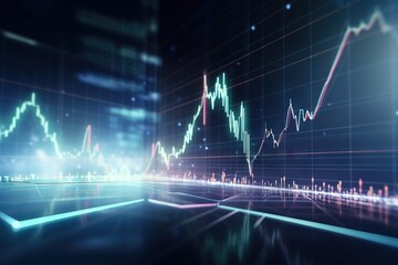 Poster -  an abstract image of a stock market with a blue and green background and a line graph on the wall of a building with a green arrow.  generative ai