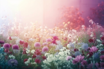 Wall Mural - Beautiful spring summer landscape with colorful wildflowers and soft morning light. Generative AI.