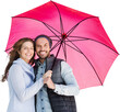 Happy young couple holding pink umbrella